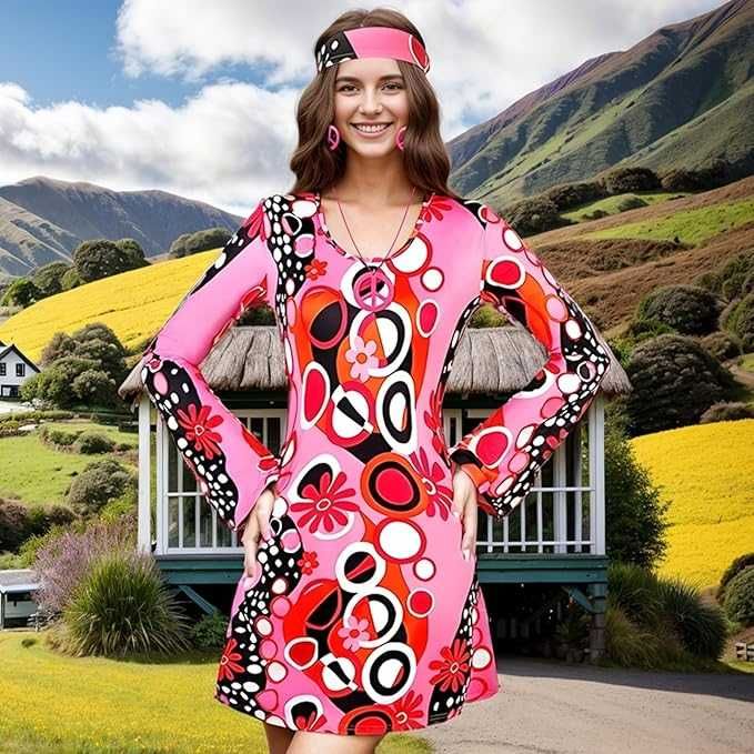 Kostium hipisowski damski w stylu lat 70. Sukienka rozmiar XL Q585