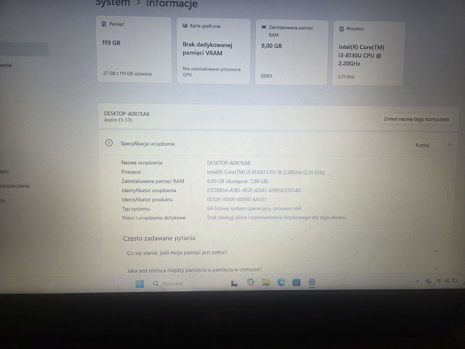 Acer Aspire E5-576 I3 gen 8 / 8GB / 120GB / WIN  11 / 15.6 cala