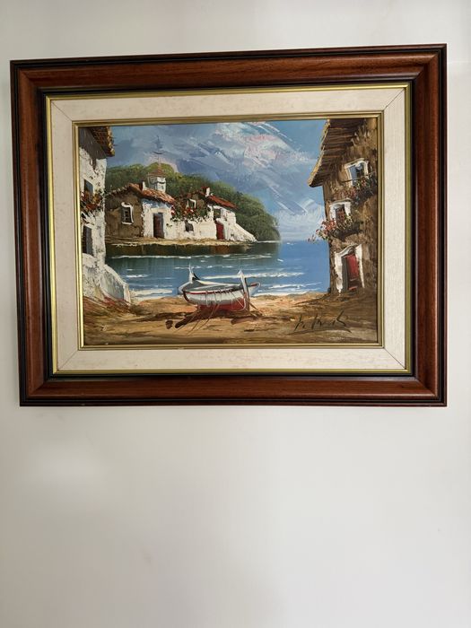 Pintura a óleo sobre tela | Paisagem marítima | Técnica de espátula | Moldura em madeira