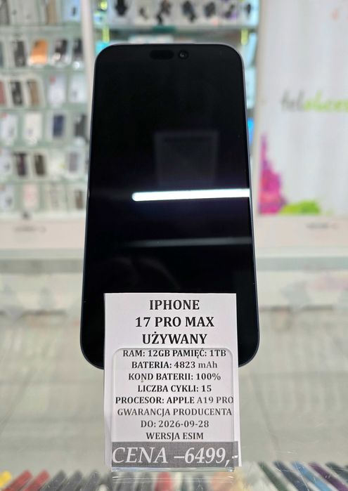Iphone 17 Pro Max 1TB Bat 100% Gwarancja! Telakces Felicity *Raty 0%