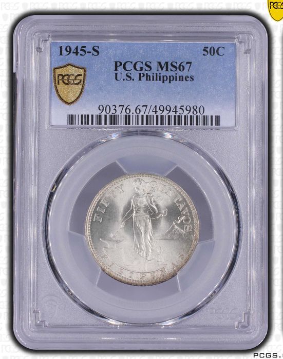 Moeda Prata 1945 Filipinas / USA 50 centavos PCGS MS67