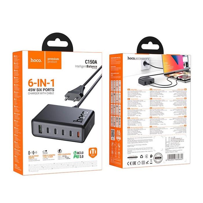 Зарядний 45W HOCO C150A (5Type C, 1USB) настільний