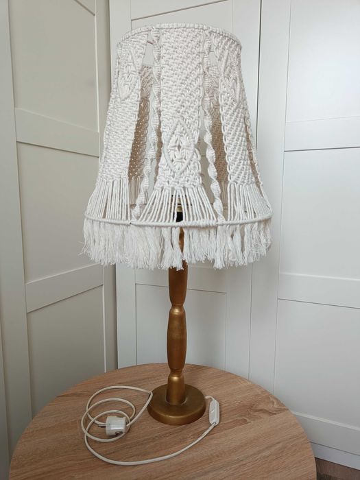 LAMPA stojąca nocna / Abażur z makramy kremowy / Wys. 80cm