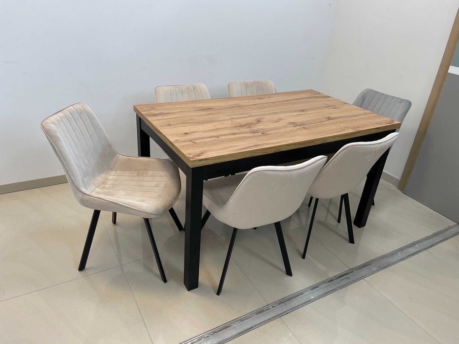 (588) Stół rozkładany + 6 krzeseł, loft, nowy 1550 zł
