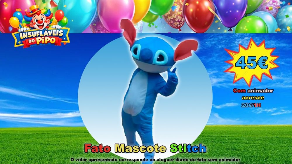 Alugo Insuflável, trampolim e mascotes para animar a festa *Stitch*