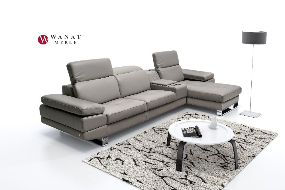 Nowoczesna Kanapa z Otomaną Chrom Skóra Tkaniny