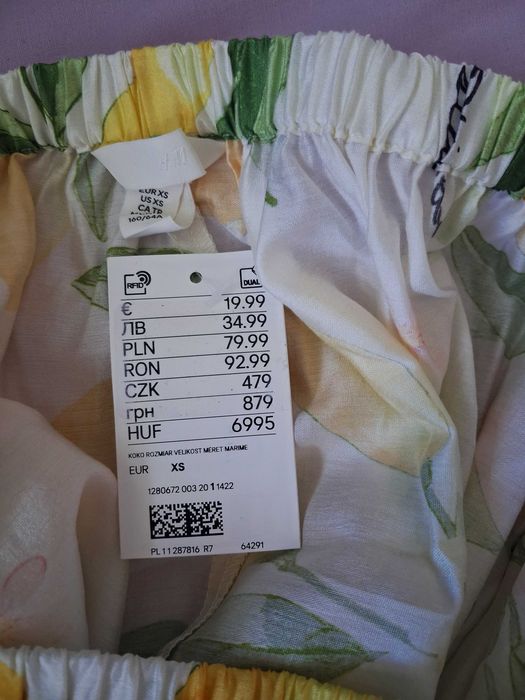Letnia spódnica w cytryny, XS, wiskoza, nowa, H&M.