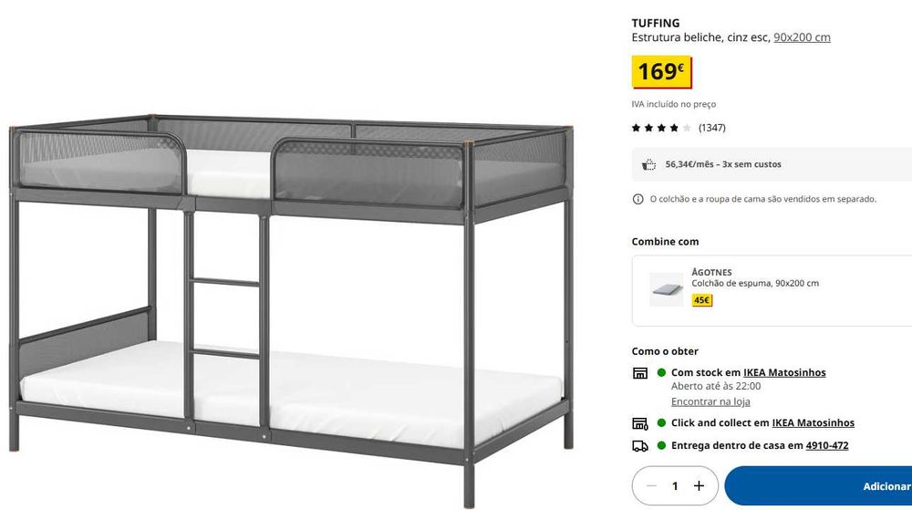 Beliche IKEA TUFFING 90x200 com 2 colchões, 2 edredões e 2 capas incluídas