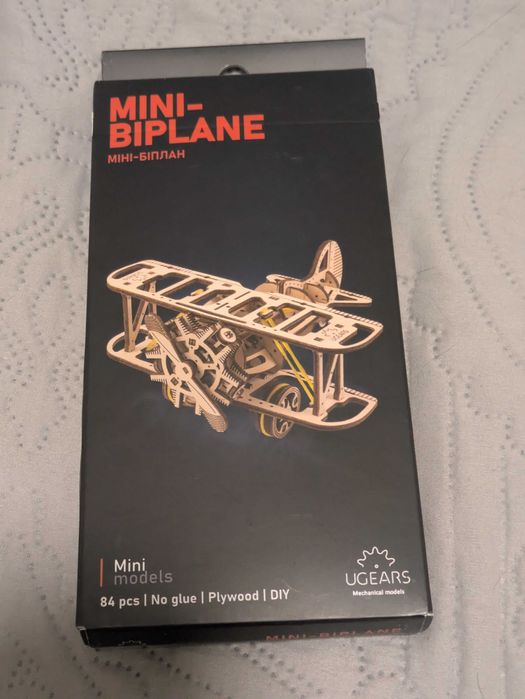 Model samolotu UGEARS Mini-Biplane 3D drewniane puzzle, 8+, 84el. Nowe