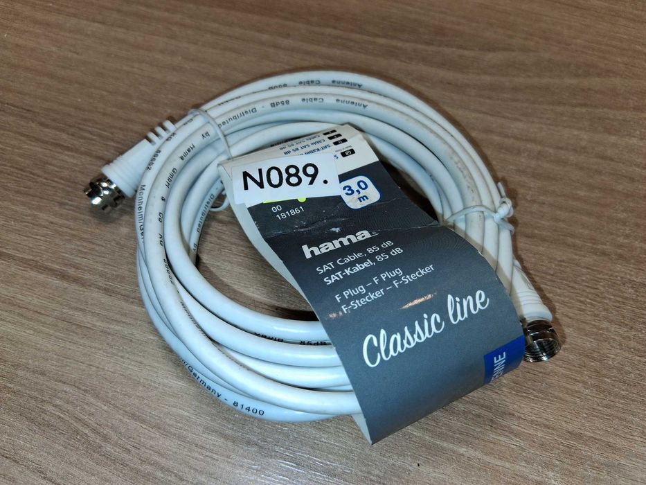 N089 Hama Classic Kabel Koncentryczny SAT F-Plug 3m 85 dB Biały