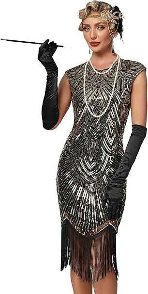 Sukienka Glamour 1920 Charleston Wielki Gatsby Czarno Złota XL