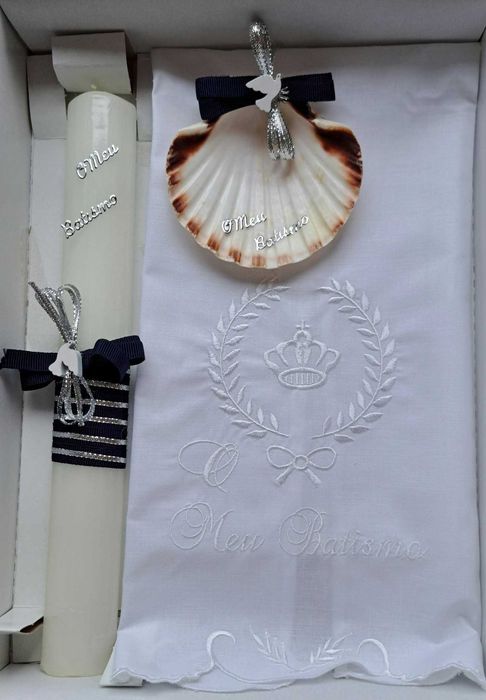 conjunto para batismo / batizado: vela, concha, toalha