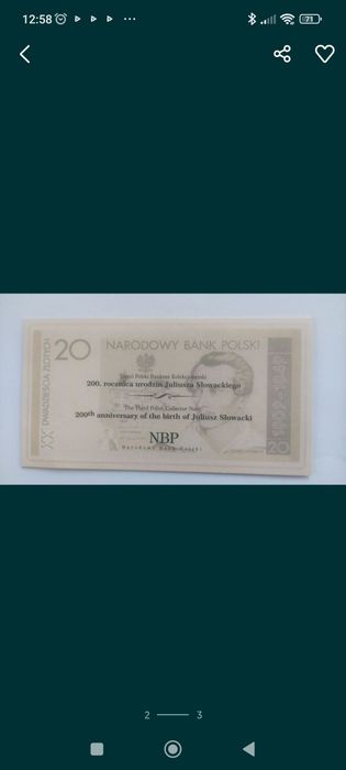 Banknot kolekcjonerski Juliusz Słowacki 20 zł 2009 rok.