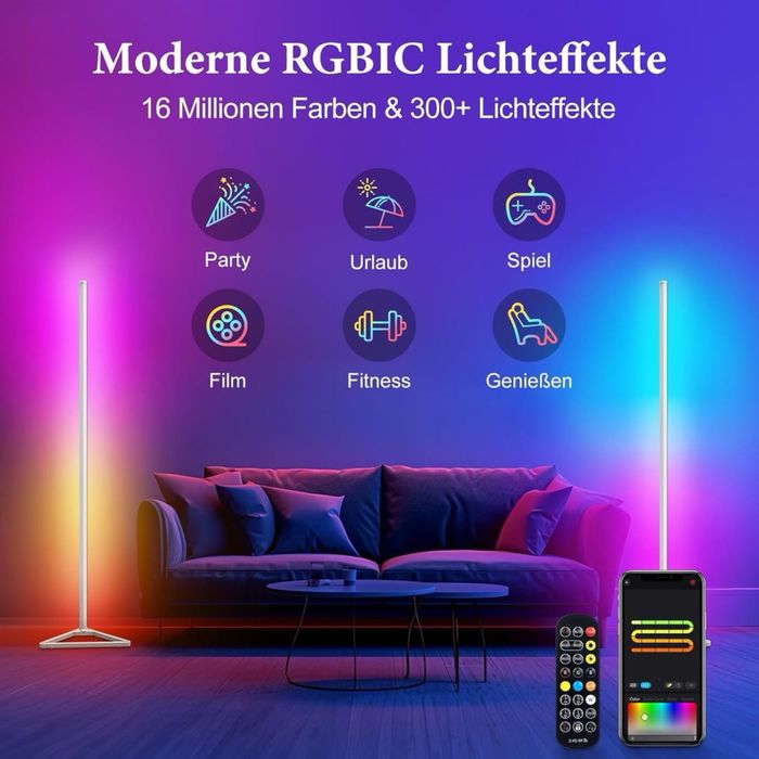 Lampa stojąca LED, RGBIC, do salonu, ściemniana, 140 cm biała narożna