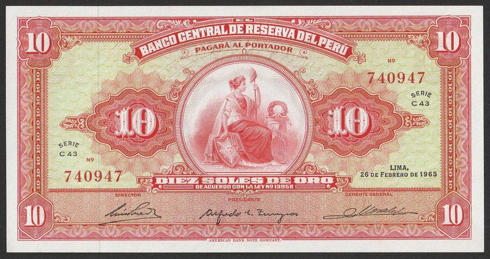 Peru 10 soles 1965 - stan bankowy UNC