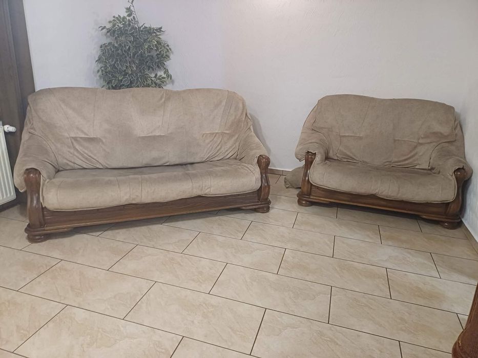 Komplet wypoczynkowy 3+2 – sofa + kanapa, drewno, solidny