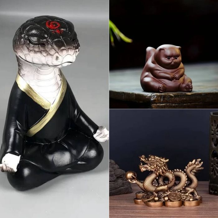Фігурки для чайної церемонії: Медитуюча змія, Кіт удачі та Дракон
