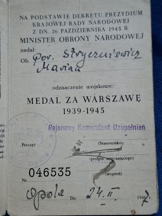 Medal Za Warszawę 1939-1945 + dokument+ miniaturka
