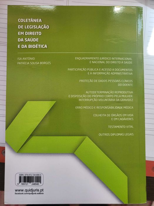 Livro "Coletânea de Legislação em Direito da Saúde e da Bioética" de Isa António e Patrícia Sousa Borges