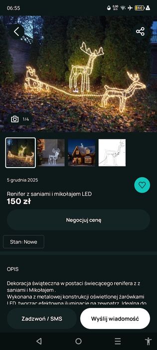 Duży LED-owy renifer z saniami świętego Mikołaja na balkon
