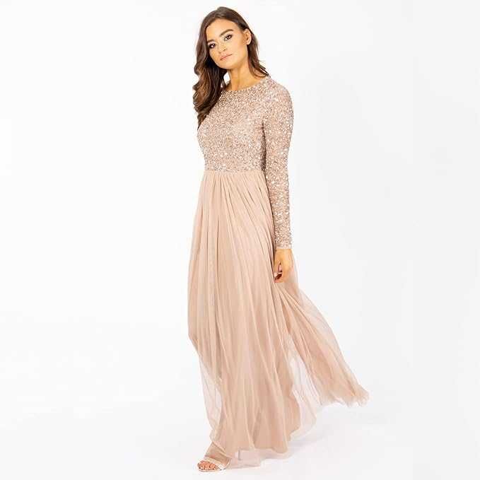 Damska Sukienka Wieczorowa Maxi MAYA DELUXE Cekiny Przygaszony Róż 38
