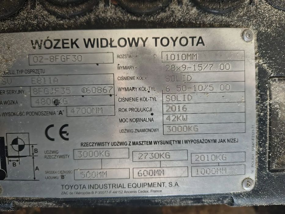Toyota 02-8FGF30  wózek widłowy toyota 3t 2016r