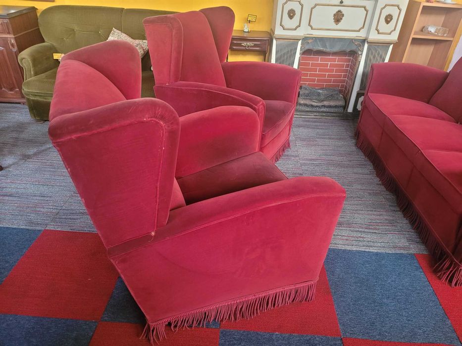 Sofás individuais de orelhas em veludo de cor vermelha - Bom estado g
