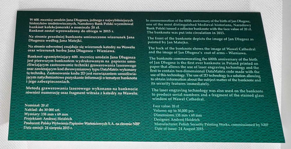 Unikat! Banknot 20 zł Jan Długosz 2015-Niski nakład, Stan UNC, Okazja
