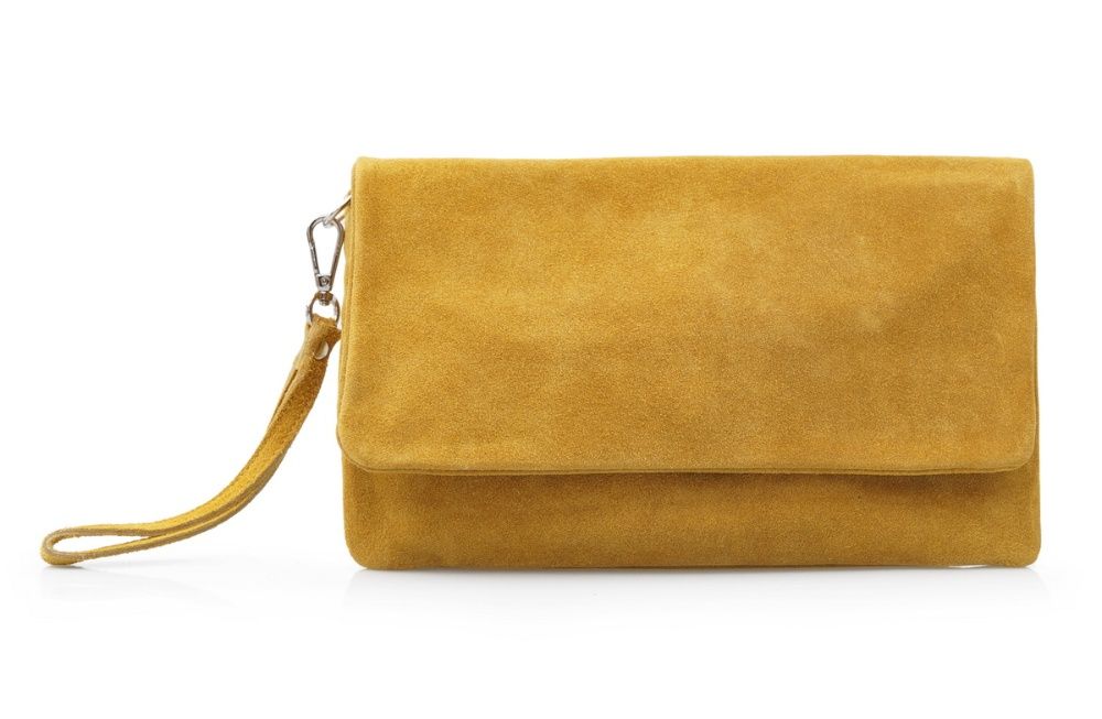 VERA PELLE torebka zamszowa kopertówka listonoszka V008 musztardowa