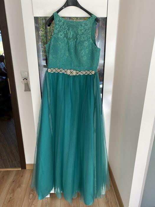 Suknia balowa zieleń tiul koronka kamienie