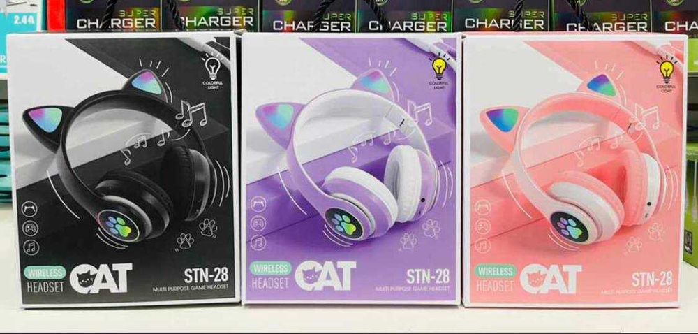 Наушники STN 28 блютуз, СД-карта, подсветка кошачьи ушки и лапки