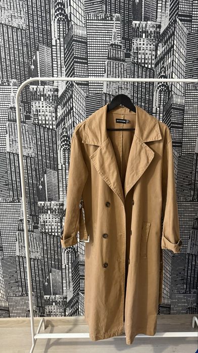 Довгий жіночій тренч на весну PLT стильний двобортний тренч з поясом