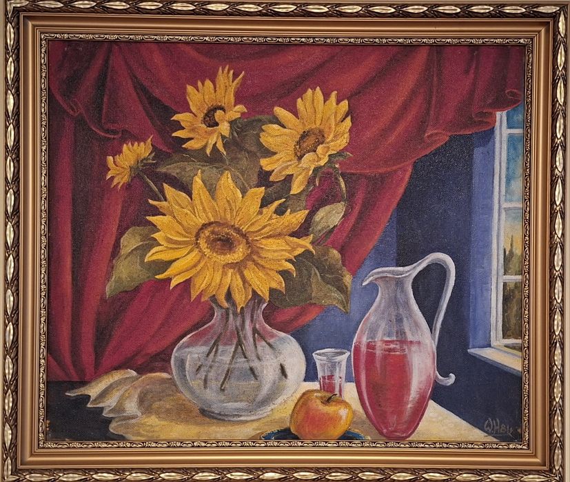 Obraz olejny Słoneczniki, oprawiony w drewnianą ramę.