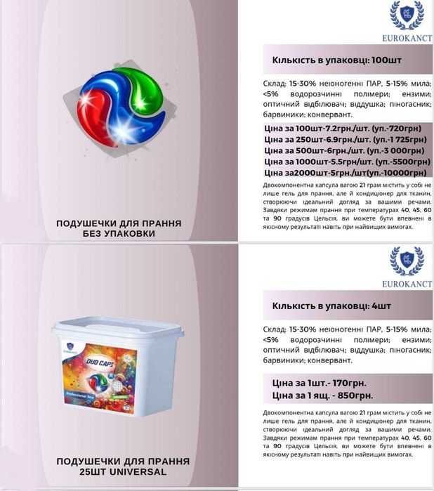 Капсули для прання 3 - 4 компонентні 250шт. Гель. Ціна в описі.