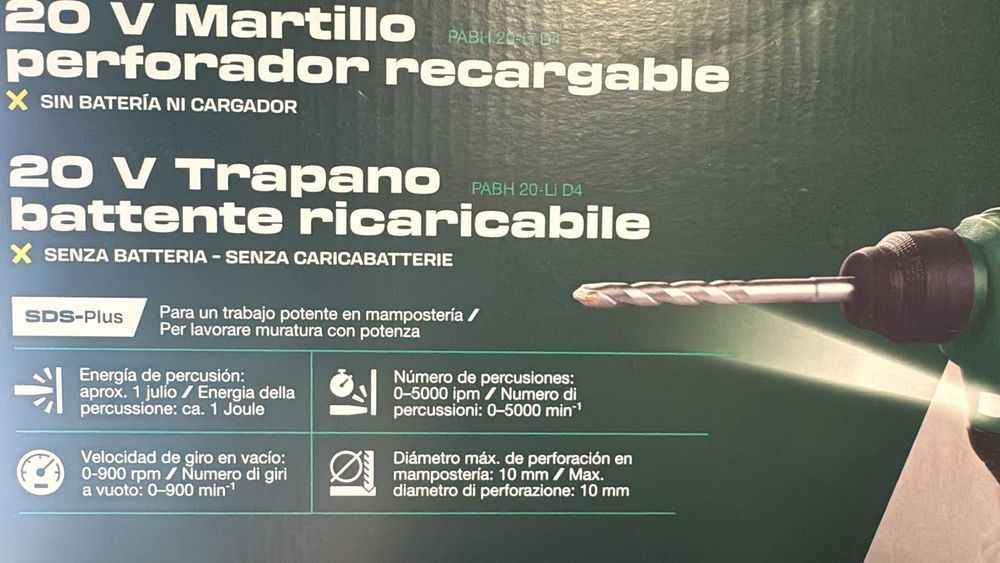 Martelo Perfurador Parkside PABH 20‑Li D4 – 20V, 1J, SDS‑Plus – Novo em Caixa