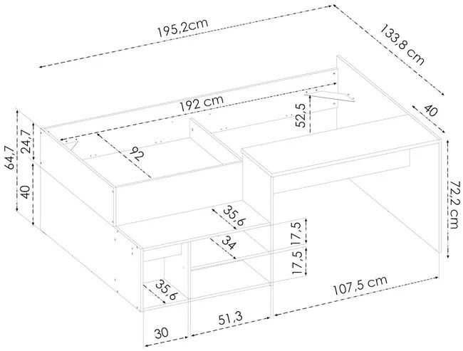 Cama solteiro com escrivaninha acompanhada de cadeira e estrado