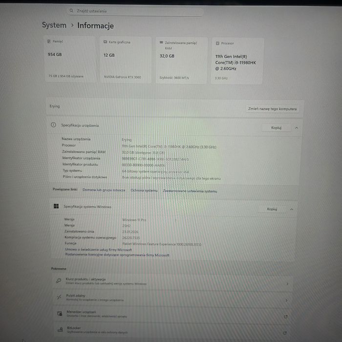 Komputer do gier gamingowy RAM 32GB, i9, RTX 12GB, 1TB SSD nvme, Wifi