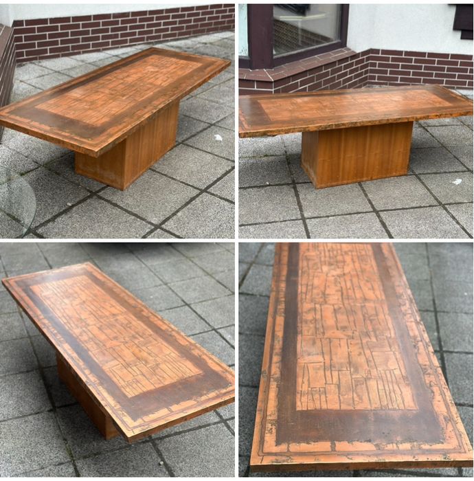 Brutalizm stolik kawowy Bernhard Rohne. Lata 70-te. Miedziany blat