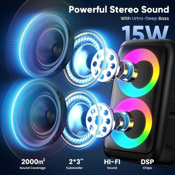 Maszyna do karaoke T-08, 2 mikrofony w zestawie, Bluetooth, LED, Impreza