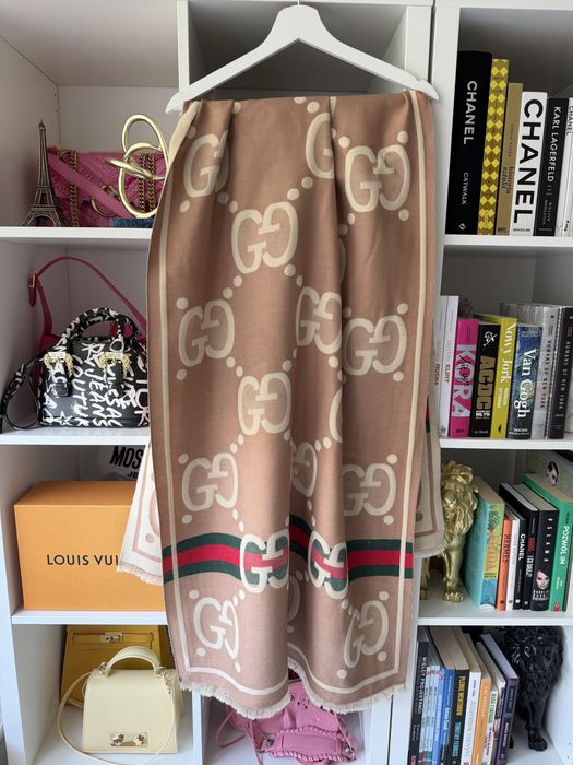 Duży szalik Gucci monogram szal dwustronny beżowy premium