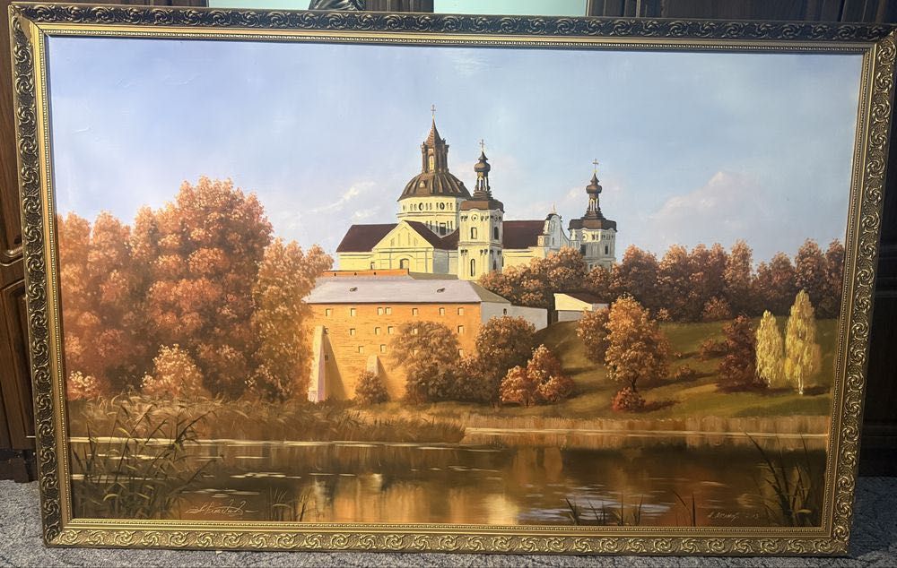 Велика інтер'єрна картина "Золота осінь біля храму" — 1.7 м в рамі, Живописний пейзаж "Святиня над річкою". Масштабне полотно 170х110 см