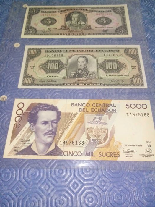 EQUADOR 3 NOTAS NOVAS  NÃO CIRCULADAS  5, 100 e 5000 sucres ver fotos.