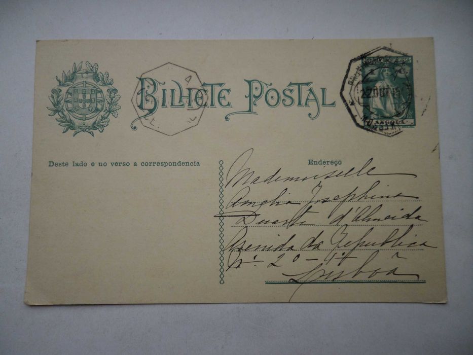 Bilhete Postal selado (selo impresso, Angola)   , ano 1915