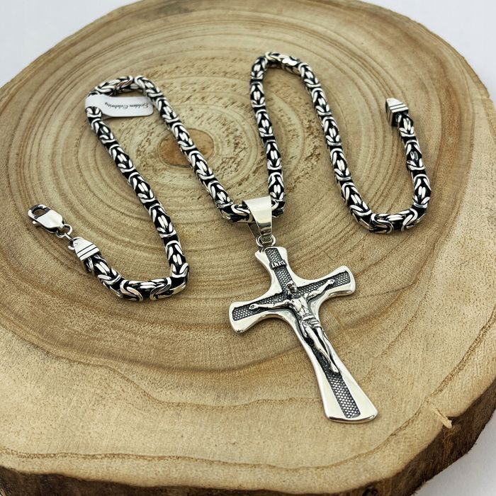 Srebrny Męski Łańcuszek Splot Królewski+duży Krzyż / Zestaw Oksydowany