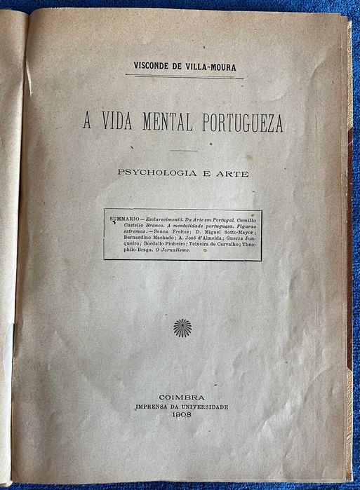 Livro Antigo A Vida Mental Portugueza; Visconde de Villa-Moura 1908