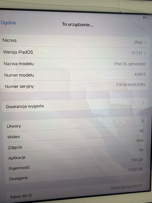Ipad 6 generacji A1893 - 128GB