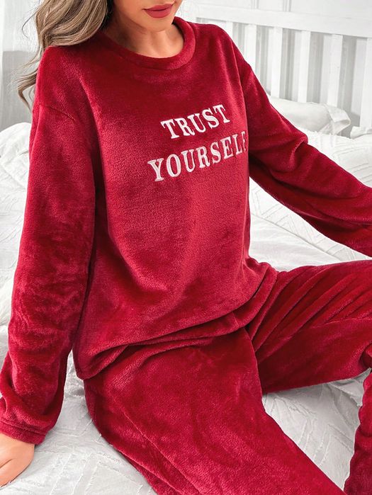 Bluza Pullover Pluszowa Z Haftem Napisy Burgundowa Casual Shein M