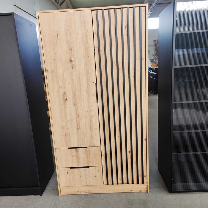 Zmontowana szafa dąb artisan z lamelami 2 szuflady drążek na ubrania