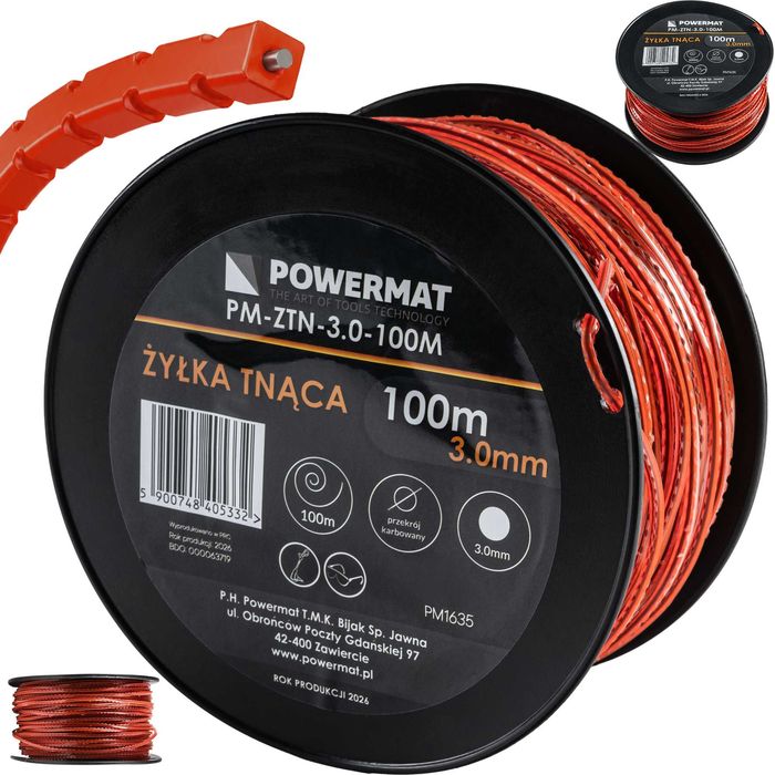 żyłka tnąca kwadratowa karbowana 3,0mm 100m wzmocniona do kosy podkaszarki pm-ztn-3.0