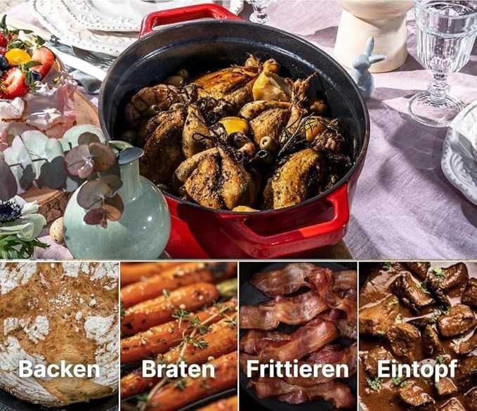 GRAND FEU 5,6L Owalny Żeliwny Garnek z Pokrywką i Szerokimi Uchwytami